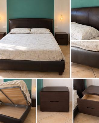 Letto contenitore in vera pelle + 2 comodini