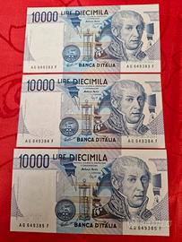3 banconote 10000lire FDSserie progressiva 