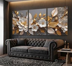 Trittico Quadri Moderni Fiori Effetto Oro e bianco