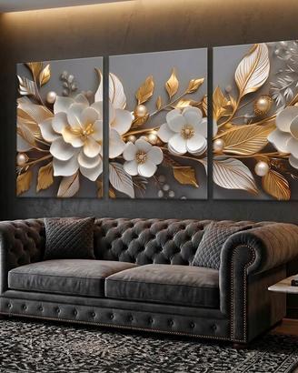 Trittico Quadri Moderni Fiori Effetto Oro e bianco