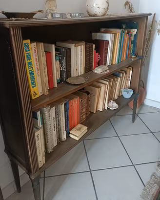 Libreria bassa a giorno in legno, anni '50