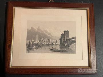 Incisione di Pavia, veduta del ticino e ponte