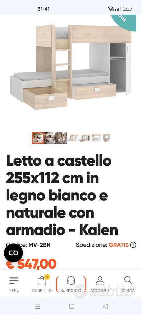 Letto a castello 255x112 cm in legno bianco e naturale con armadio - Kalen