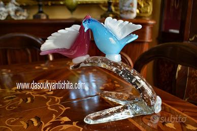Scultura in vetro di Murano con  coppia di colombi