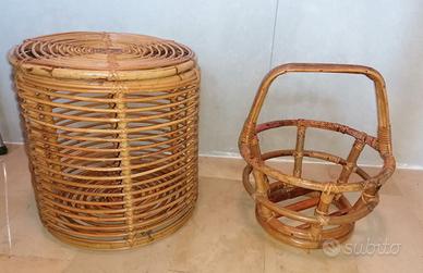 Sgabello Tavolino Cesto in Vimini, Rattan Anni 60