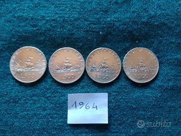 4 monete da 500 lire argento caravelle del 1964