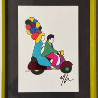 Quadro serigrafia M. Lodola 21x30 coppia in vespa