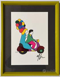 Quadro serigrafia M. Lodola 21x30 coppia in vespa