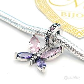 Charm argento 925 farfalla libellula rosa viola 