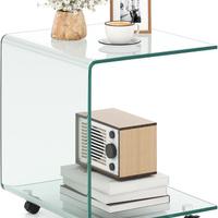 Tavolino in Vetro Temperato Curvato, con 4 Ruote 