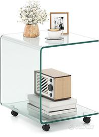 Tavolino in Vetro Temperato Curvato, con 4 Ruote 