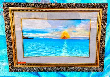 Quadro con tramonto dipinto a mano su tela a olio.