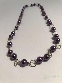 Collana con Perle Viola Prugna e Anelli Argentati