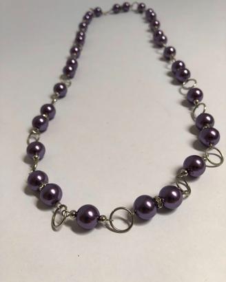 Collana con Perle Viola Prugna e Anelli Argentati