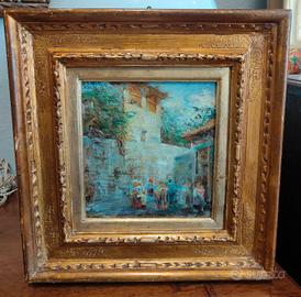 Dipinto olio su tavoletta Villaggio animato