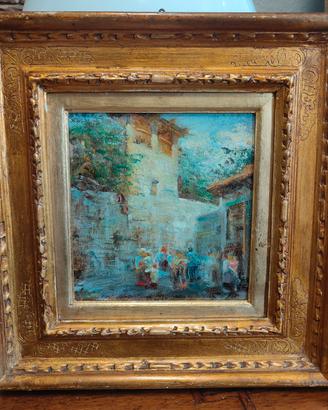 Dipinto olio su tavoletta Villaggio animato