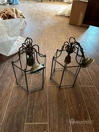 Coppia di Lampadari Lanterna Vintage Ottone Vetro