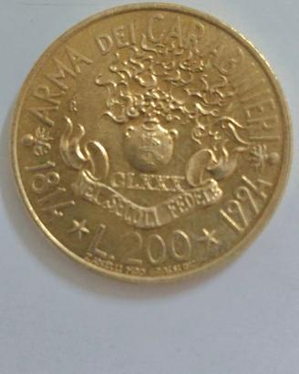 Moneta 200 lire 180° anniverario Arma Carabinieri.