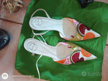 scarpe  sling back di pelle con intarsi di pelle c
