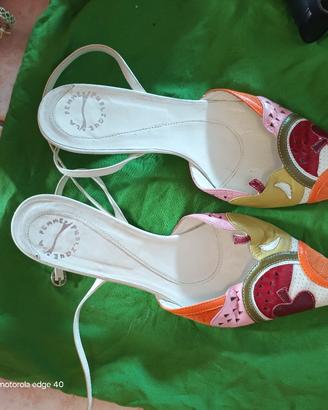 scarpe  sling back di pelle con intarsi di pelle c