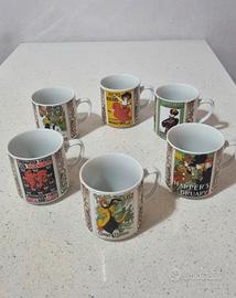 6 Tazze vintage anni 70 illustrazioni Art Nouveau