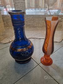 2 Vasi vintage in vetro blu dettagli oro