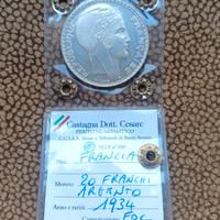 Argento Moneta FDC Periziata 20 Franchi 1934