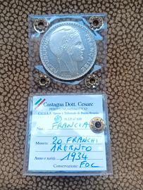Argento Moneta FDC Periziata 20 Franchi 1934