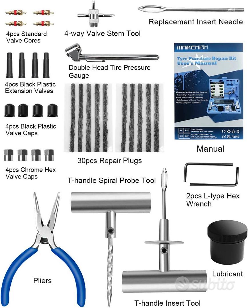 Kit Riparazione Pneumatici Auto, 69 Pezzi per Auto - Giardino e