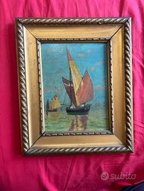 Dipinto ad olio antico Marina con velieri 1937