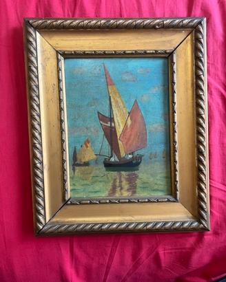 Dipinto ad olio antico Marina con velieri 1937