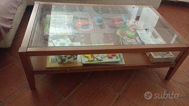 Tavolino basso da salotto in vetro e legno
