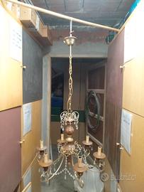 Lampadario legno ottone vintage