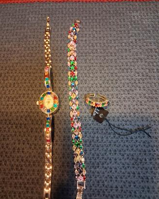orologio anello bracciale con zirconi colorati