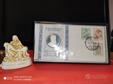 Medaglia e busta con francobolli Michelangelo