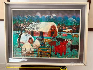Quadro olio su tela. Naif. Allevatori e bovini.