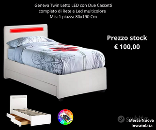 Letto singolo 1 piazza con rete testiera led e cas