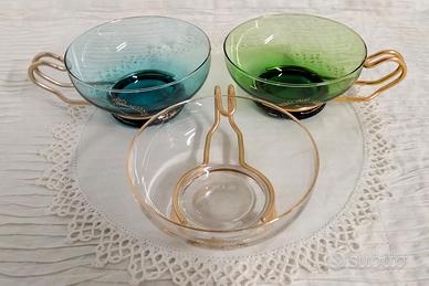 3 tazze in vetro Napoleon vintage, manico dorato