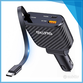 Caricabatterie auto, cavo retrattile, NUOVO