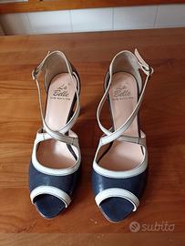 Scarpe aperte decolte vera pelle blu tacco N. 36