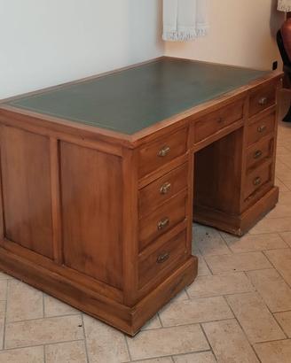SCRIVANIA IN LEGNO - PIANO IN PELLE VERDE