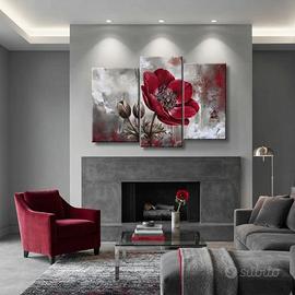 Trittico Moderno Fiore Rosso Dipinto a Mano