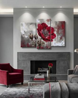 Trittico Moderno Fiore Rosso Dipinto a Mano
