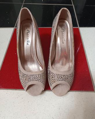 Scarpe Glitter Tacco Spuntato "Mannika" – Beige co