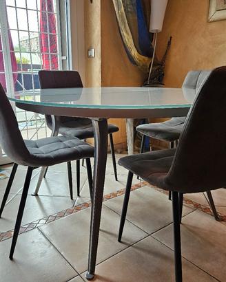 Tavolo tondo allungabile in cristallo + 4 sedie