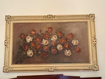 Quadro floreale vintage con rose e cornice dorata