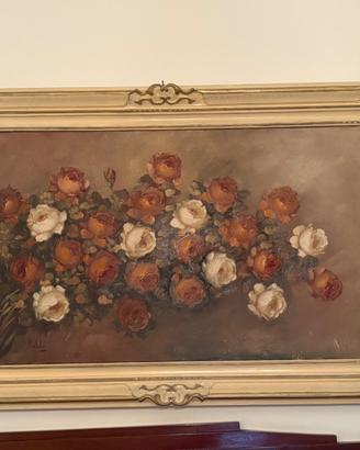 Quadro floreale vintage con rose e cornice dorata
