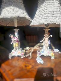 Coppia lampade porcellana Dresden fiori e figure