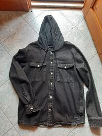 Giacca Jeans nera uomo con cappuccio in felpa