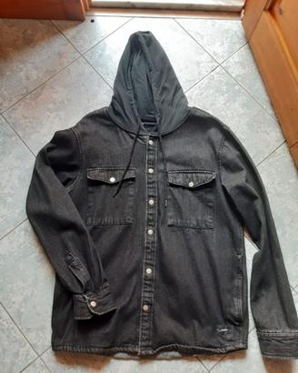 Giacca Jeans nera uomo con cappuccio in felpa